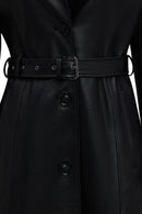 Selena Women's Black Collar Fur-Trimmed Leather Trench Coat | Derimod