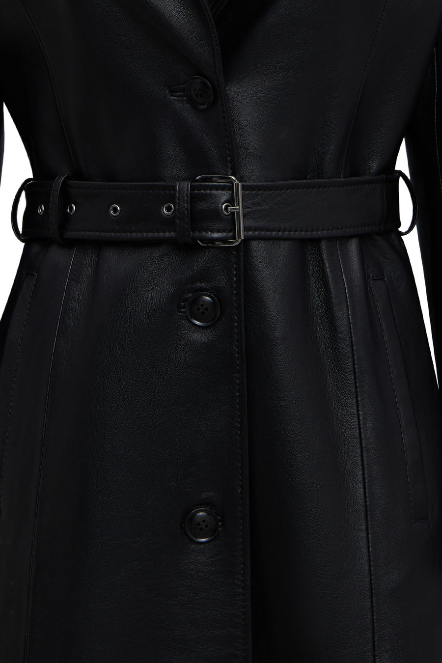 Selena Women's Black Collar Fur-Trimmed Leather Trench Coat