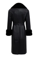 Selena Women's Black Collar Fur-Trimmed Leather Trench Coat | Derimod