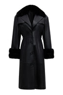 Selena Women's Black Collar Fur-Trimmed Leather Trench Coat | Derimod