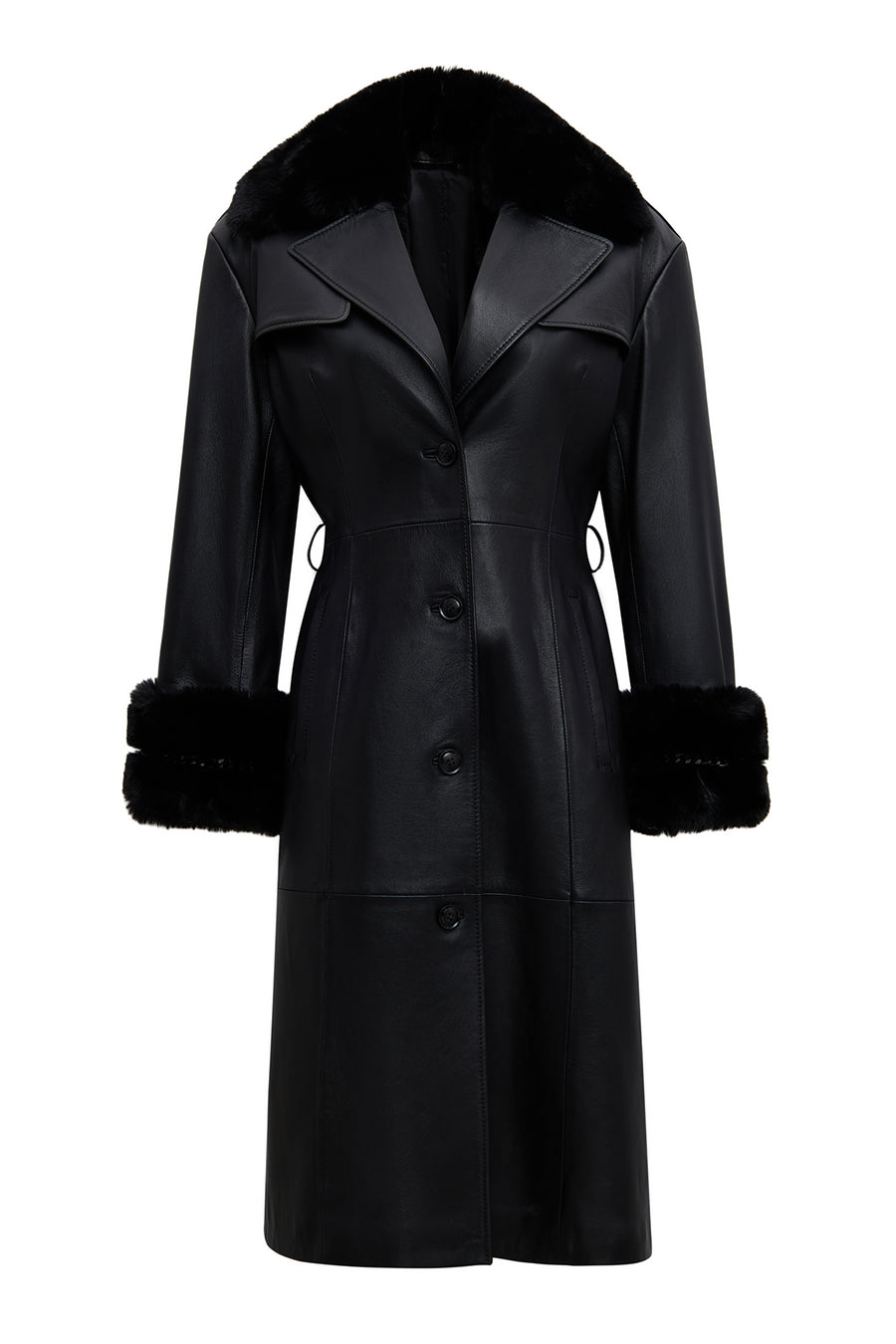 Selena Women's Black Collar Fur-Trimmed Leather Trench Coat