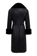 Selena Women's Black Collar Fur-Trimmed Leather Trench Coat | Derimod