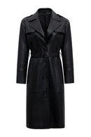 Selena Women's Black Collar Fur-Trimmed Leather Trench Coat | Derimod