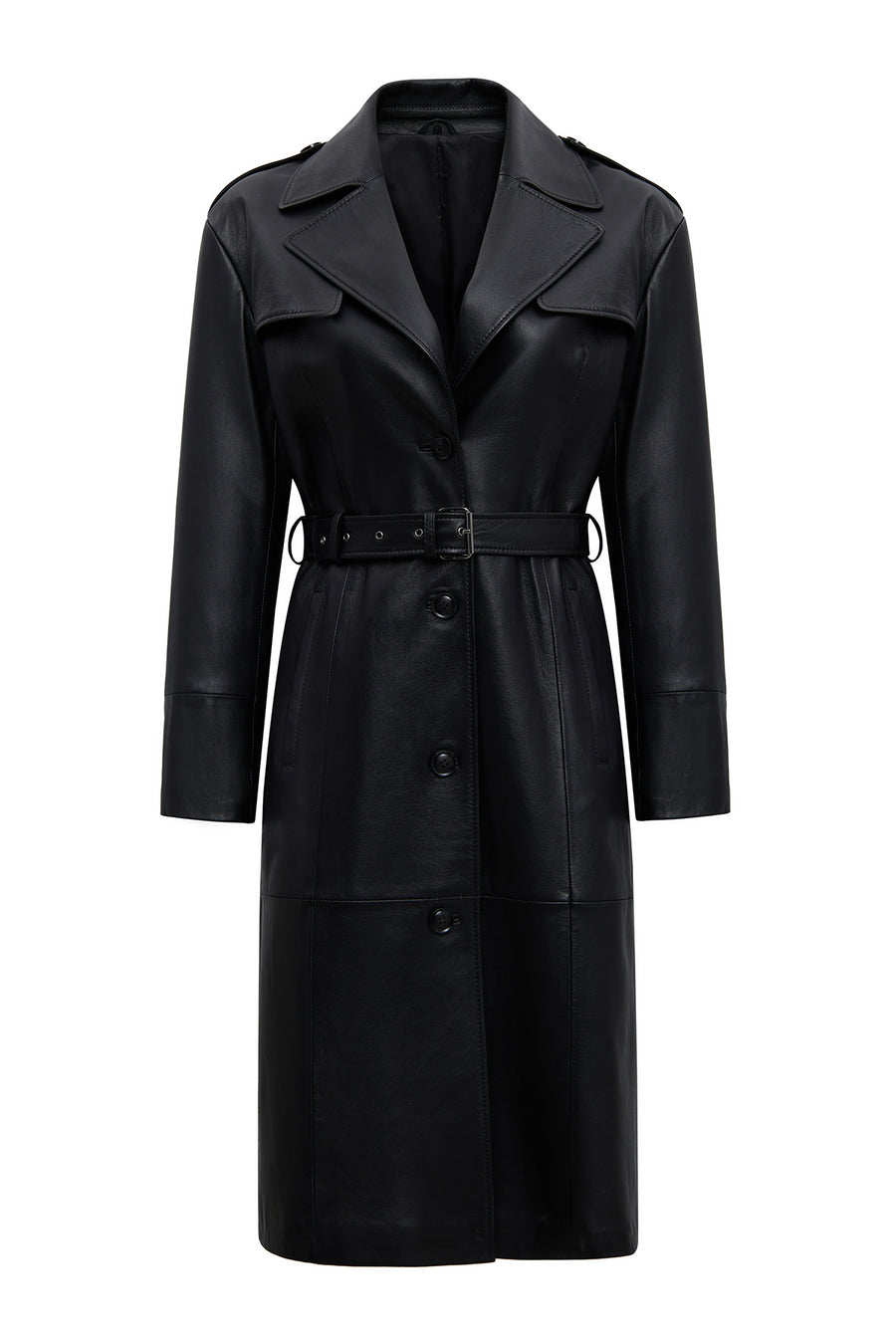 Selena Women's Black Collar Fur-Trimmed Leather Trench Coat
