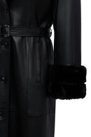 Selena Women's Black Collar Fur-Trimmed Leather Trench Coat | Derimod