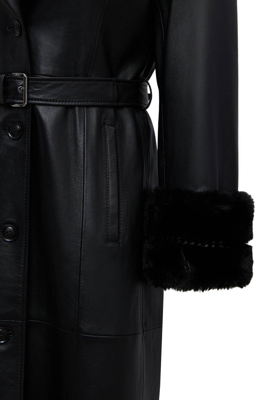 Selena Women's Black Collar Fur-Trimmed Leather Trench Coat