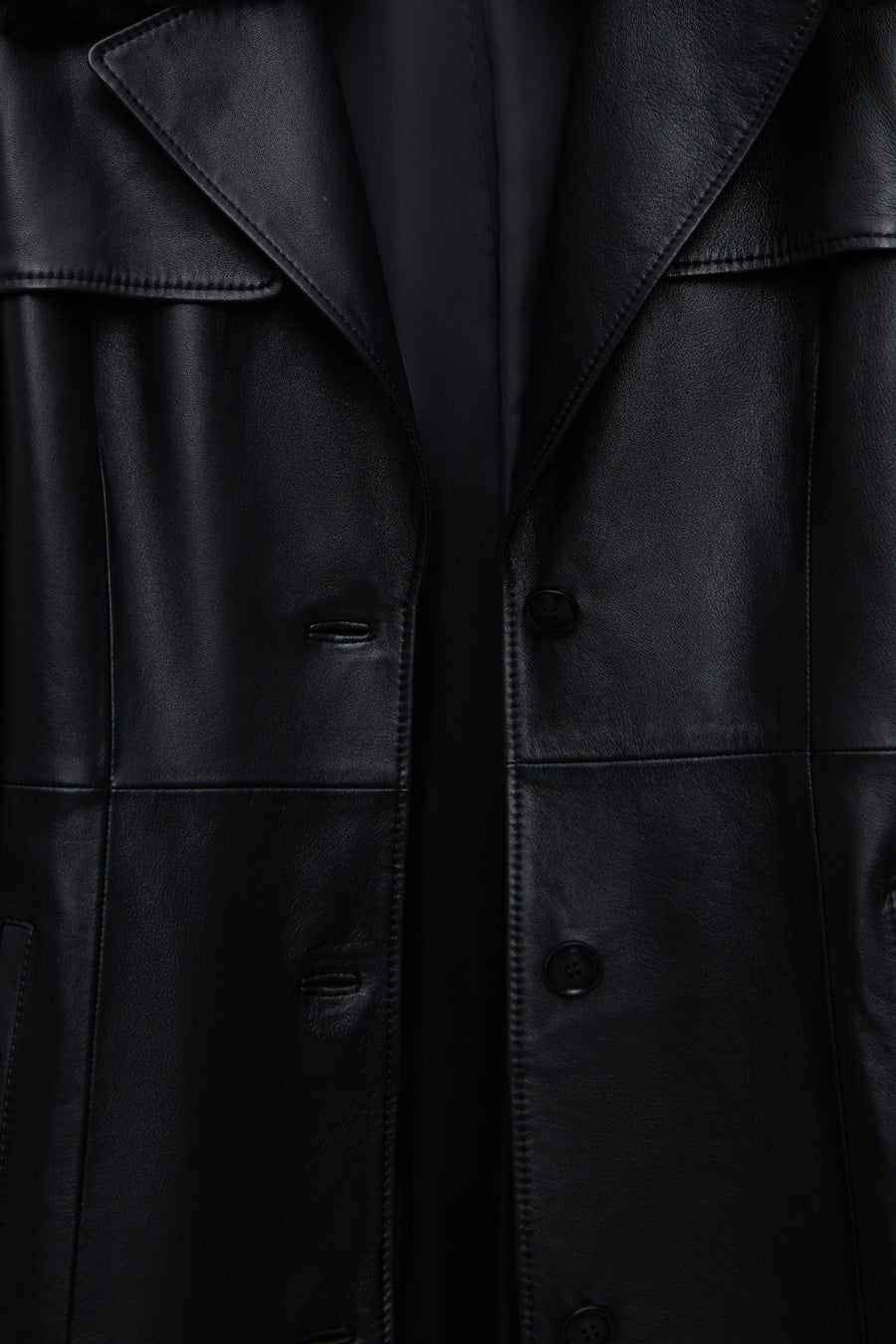 Selena Women's Black Collar Fur-Trimmed Leather Trench Coat