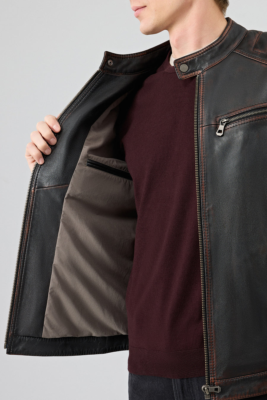 Leonard Erkek Kahverengi Vintage Slim-Fit Deri Ceket
