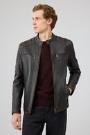 Leonard Erkek Kahverengi Vintage Slim-Fit Deri Ceket | Derimod