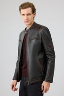 Leonard Erkek Kahverengi Vintage Slim-Fit Deri Ceket | Derimod