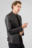 Leonard Erkek Kahverengi Vintage Slim-Fit Deri Ceket | Derimod