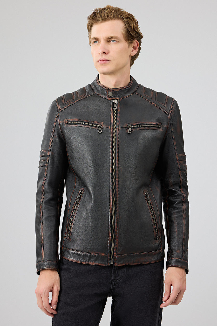 Leonard Erkek Kahverengi Vintage Slim-Fit Deri Ceket