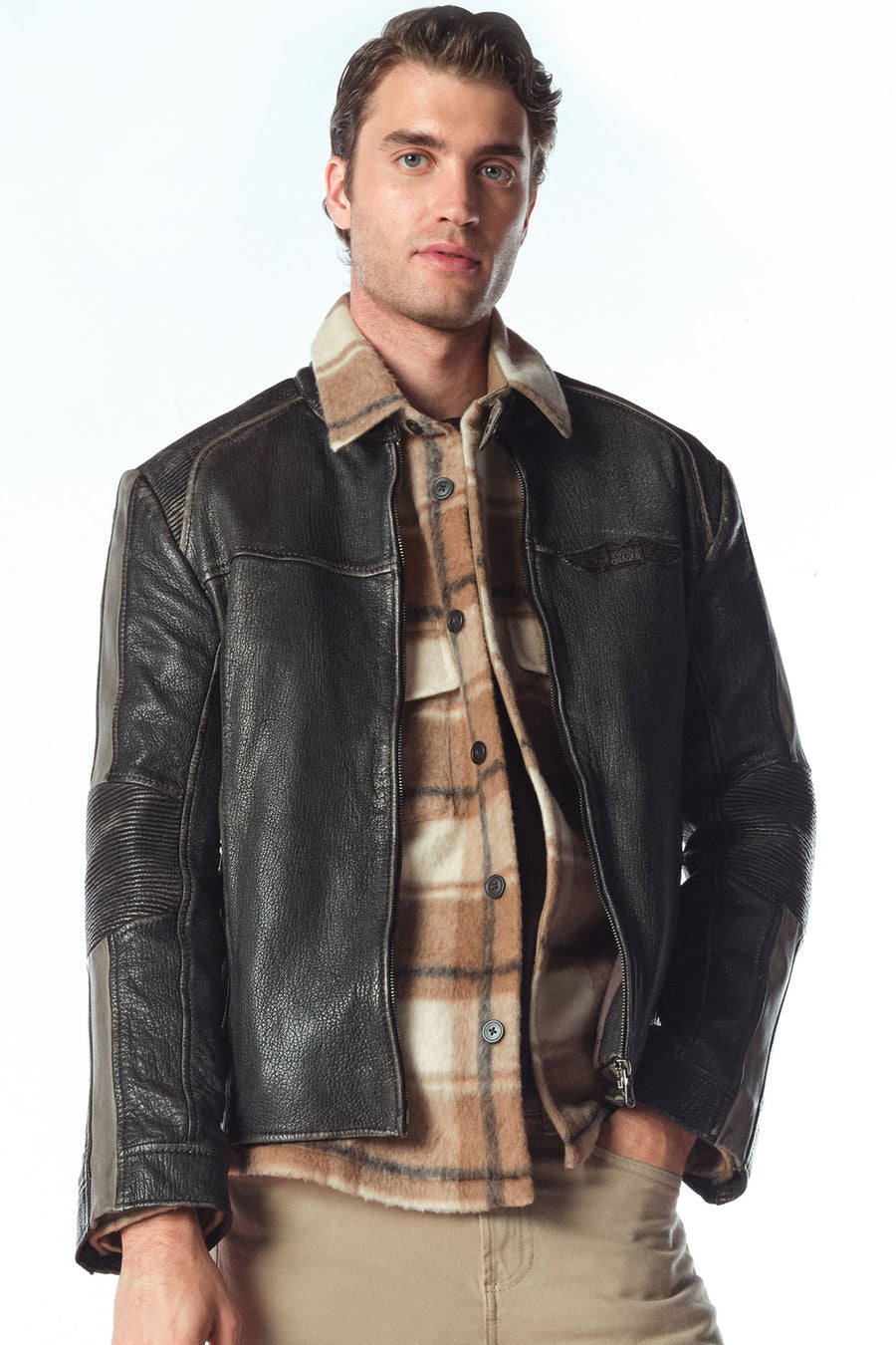 Barry Erkek Gri Hakim Yaka Slim-Fit Deri Mont