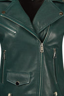 Egoist Woman Green Short Biker Leather Jacket | Derimod
