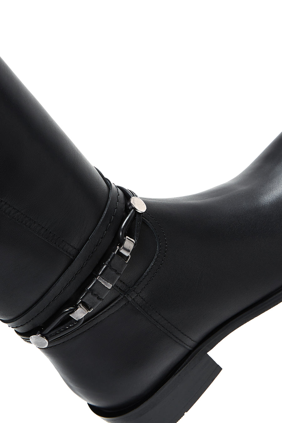 Women's Black Leather Buckle Flat Boots