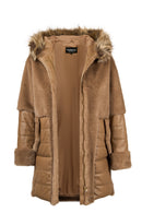 Virginia Women's Brown Hooded Long Teddy Coat | Derimod
