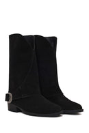 Woman Black Buckled Short Thick-Heeled Suede Boot | Derimod