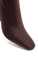 Woman Brown Zip Closure High Thick-Heeled Fabric Boots | Derimod