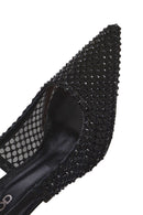 Woman Black Jeweled Open-Back Thin-Heeled Leather Shoes | Derimod