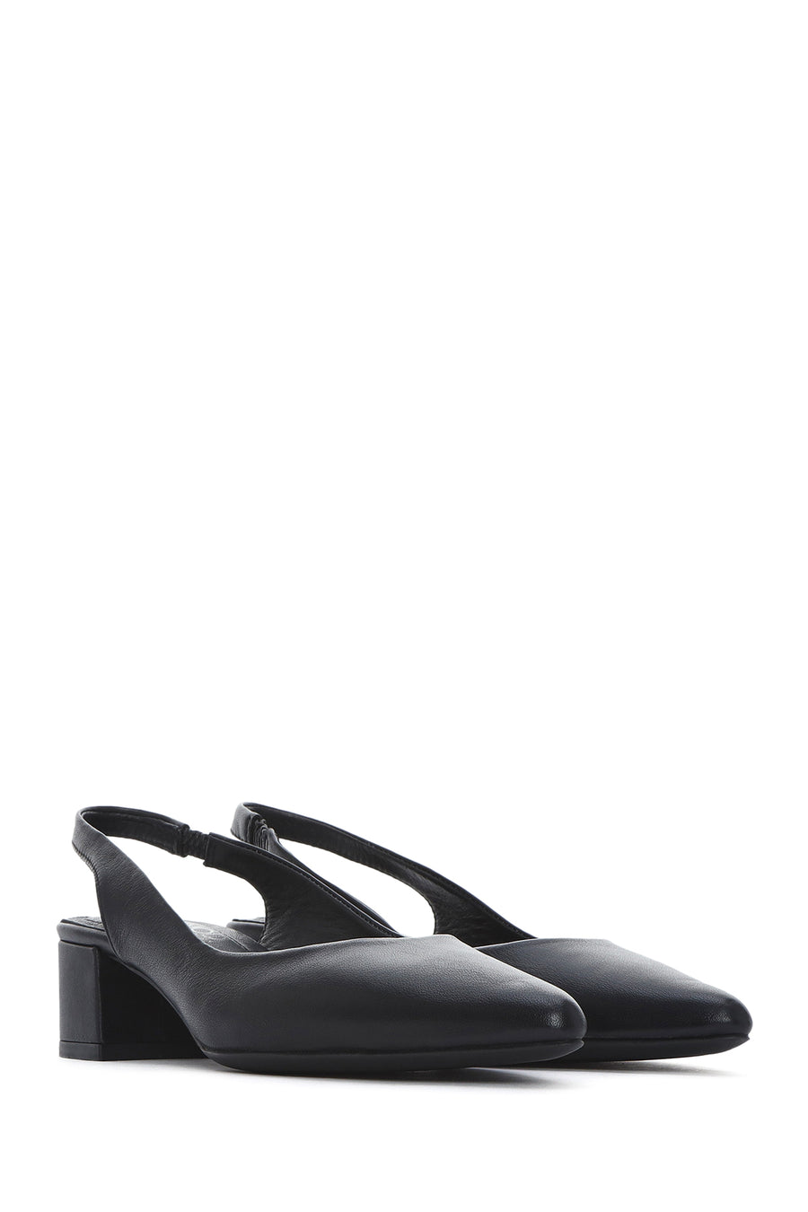 Women's Black Slingback Thick Low Heel Leather Shoes