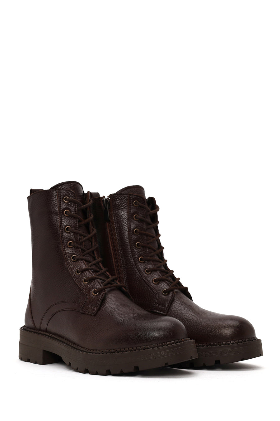 Woman Brown Zip Closure Thick-Soled Leather Combat Boots
