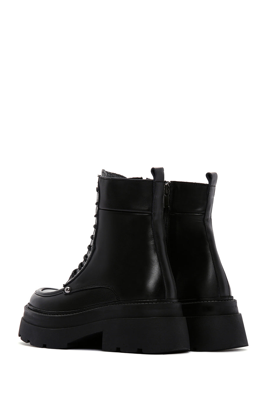 Women's Black Leather Zippered Thick Soled Boots
