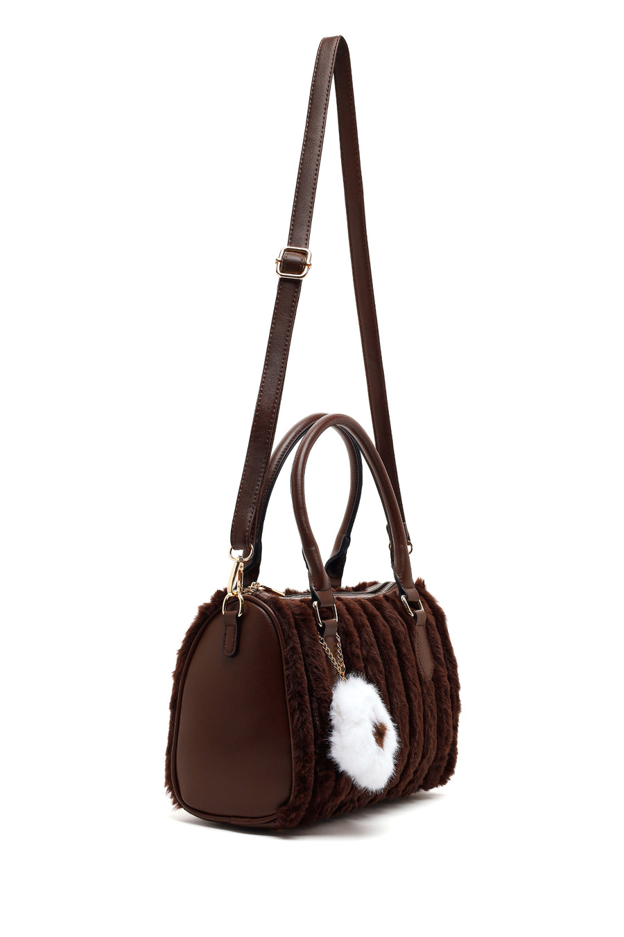 Woman Brown Long-Strap Accessorized Plush Shoulder Bag