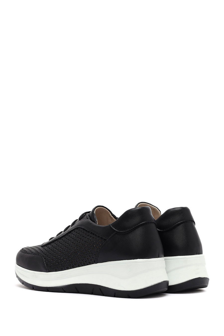 Women's Black Lace-up Thick-Sole Leather Sneaker