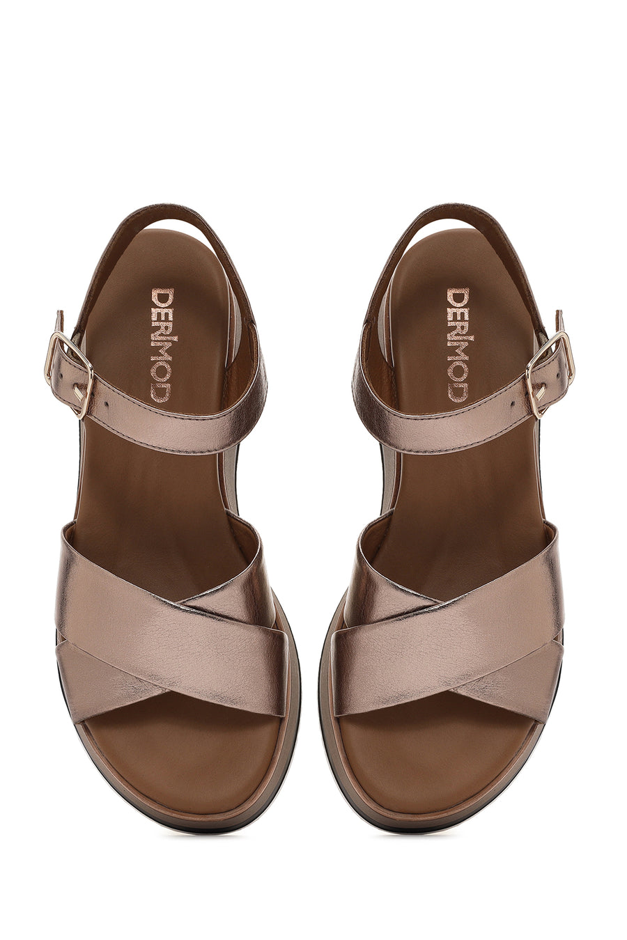 Women's Bronze Ankle Strap Chunky Sole Metallic Leather Sandals