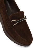 Women's Brown Buckled Wedge Heel Suede Leather Comfort Loafer | Derimod