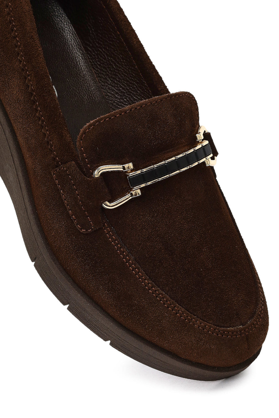 Women's Brown Buckled Wedge Heel Suede Leather Comfort Loafer