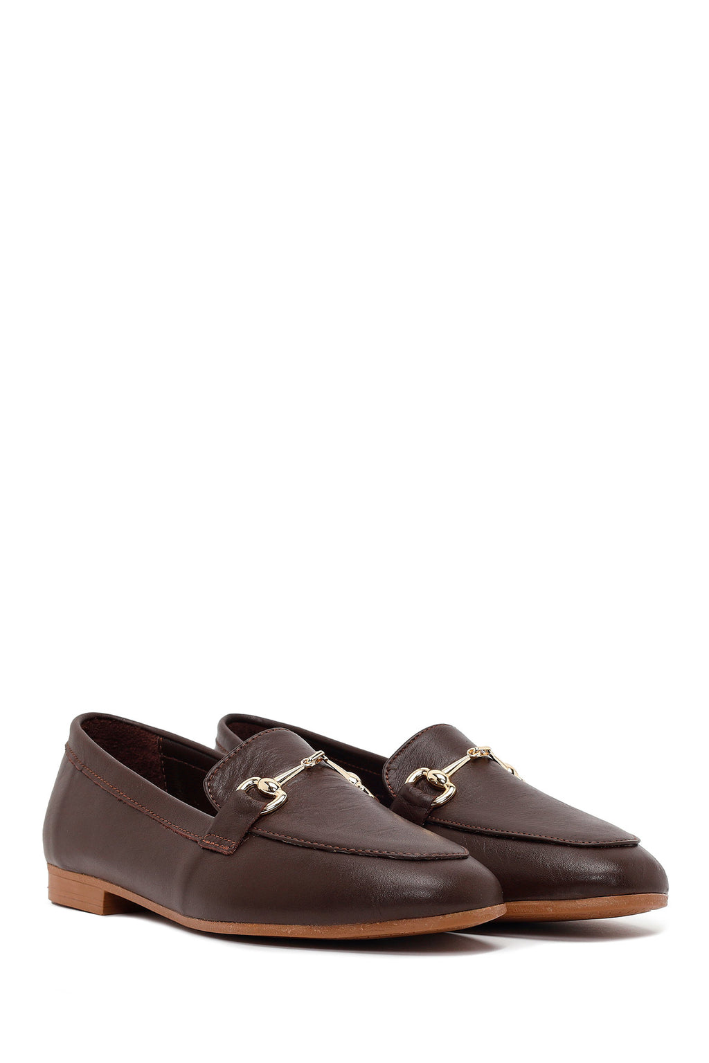 Kadın Kahverengi Tokalı Deri Klasik Loafer