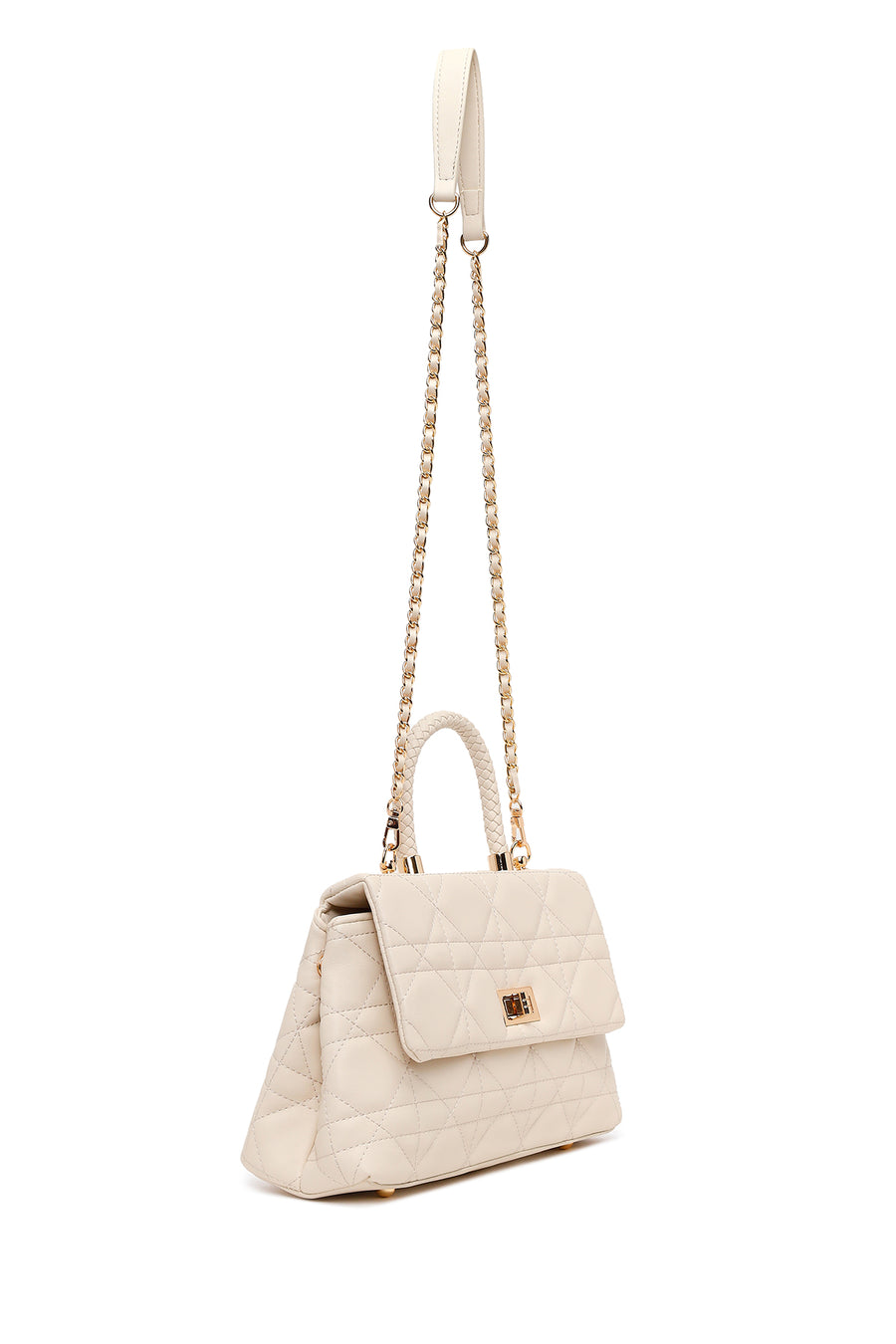Woman Cream Long-Strap Quilted Shoulder Bag