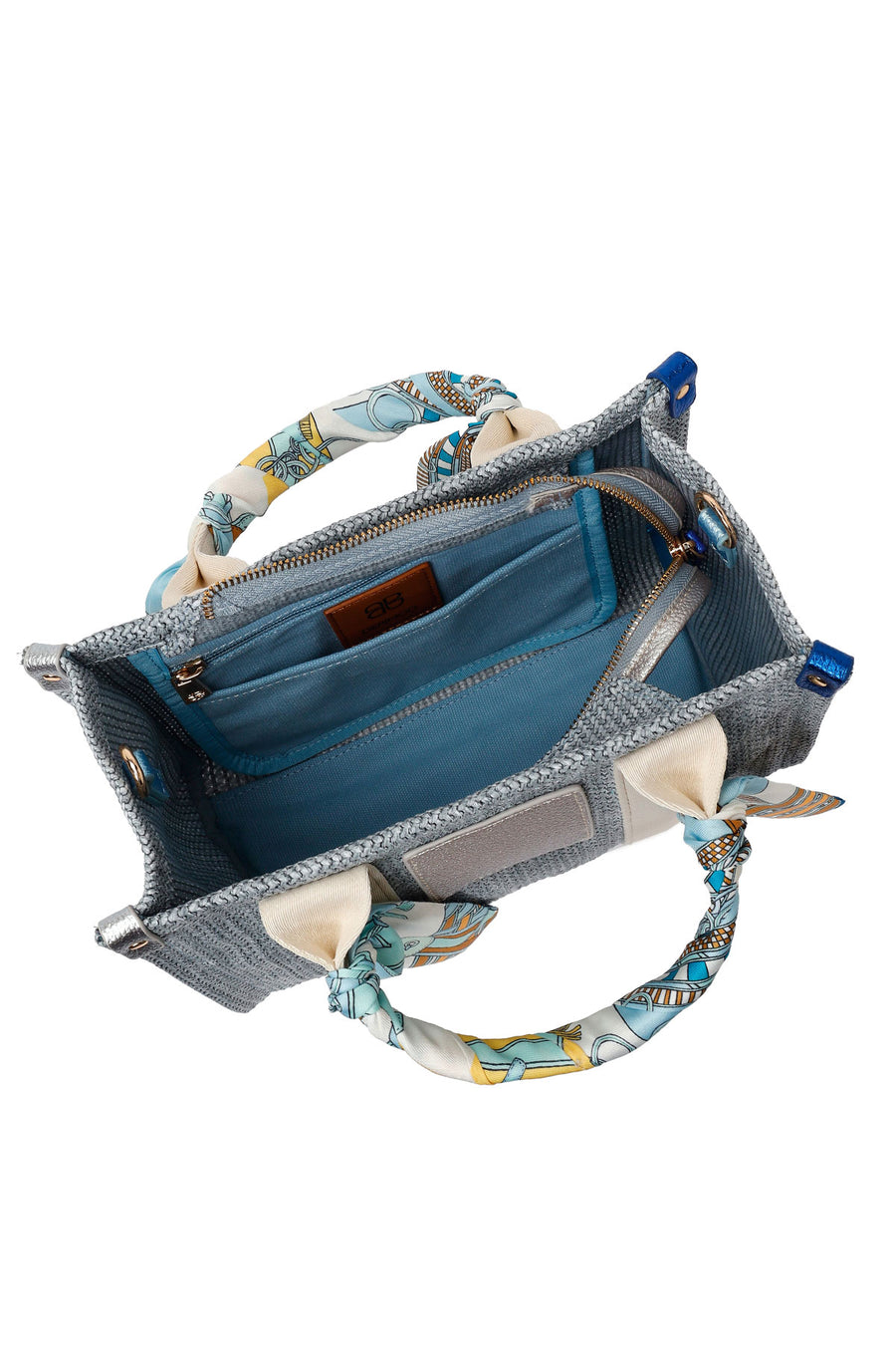 Woman Blue Long-Strap Wicker Shoulder Bag