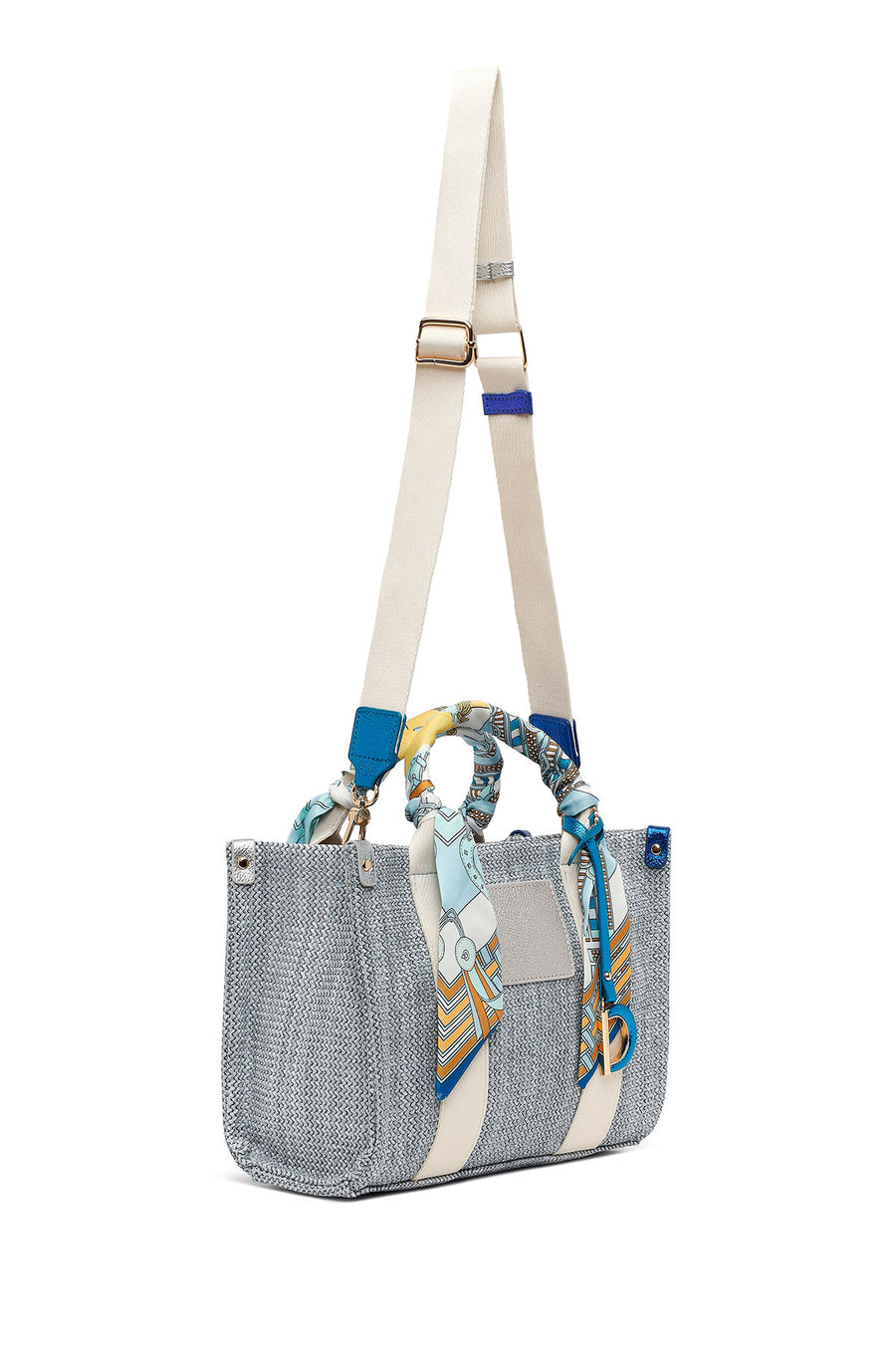 Woman Blue Long-Strap Wicker Shoulder Bag