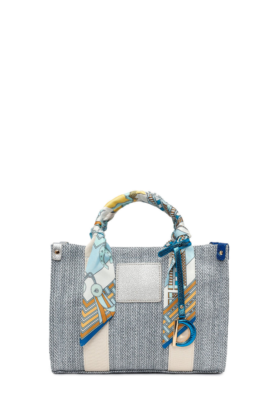 Woman Blue Long-Strap Wicker Shoulder Bag