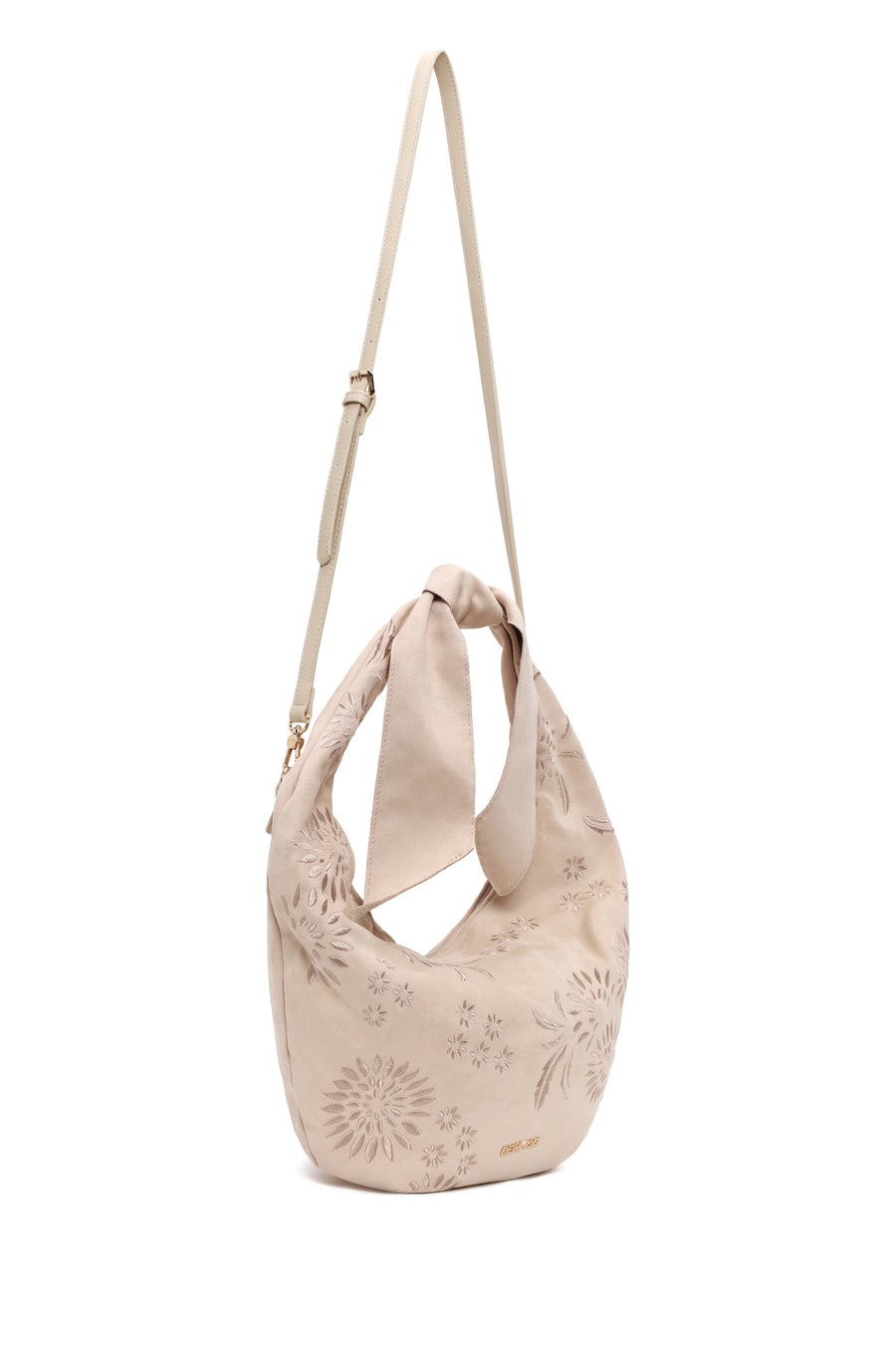 Woman Light Beige Long-Strap Suede Shoulder Bag