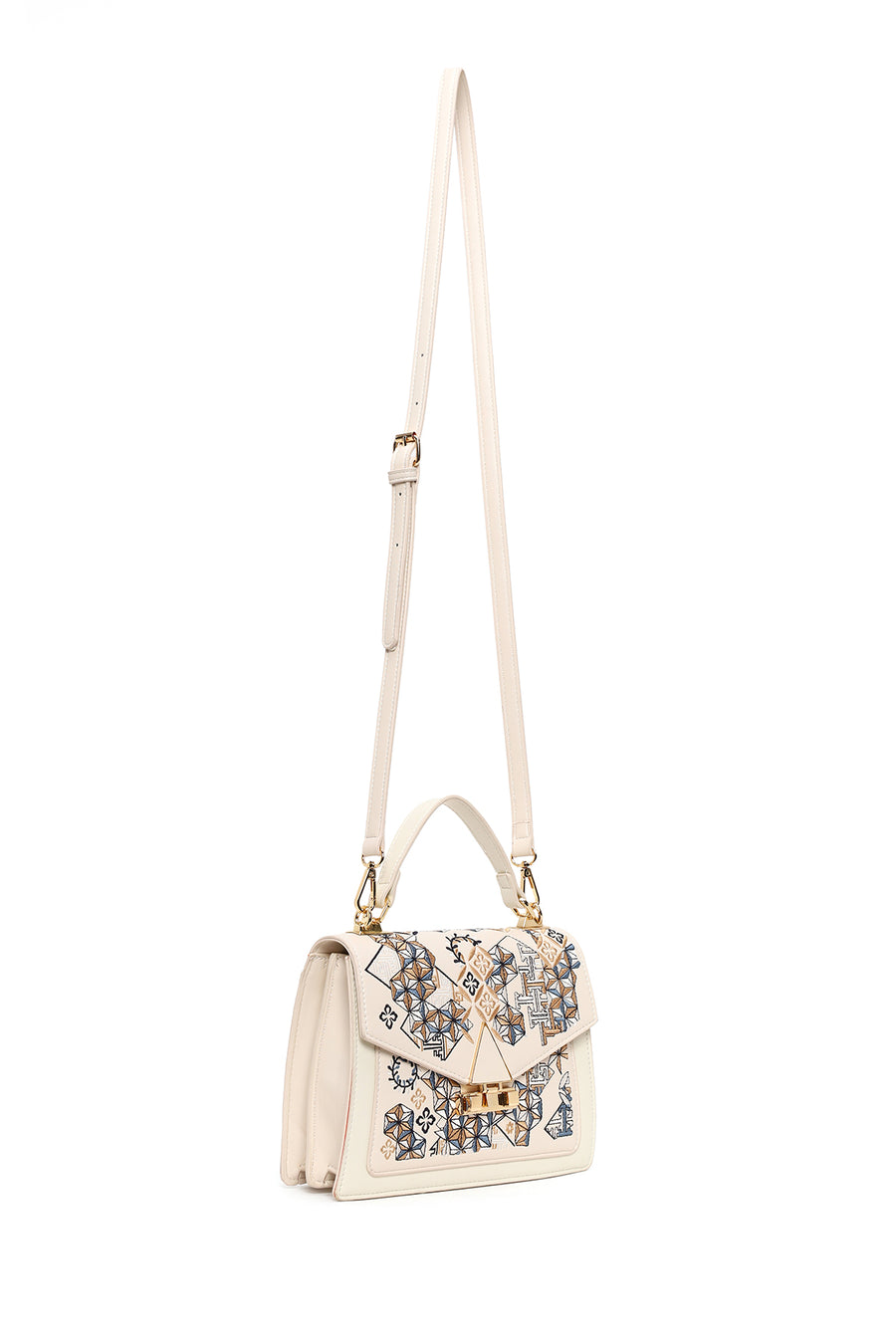 Woman Cream Long Strap Printed Shoulder Bag