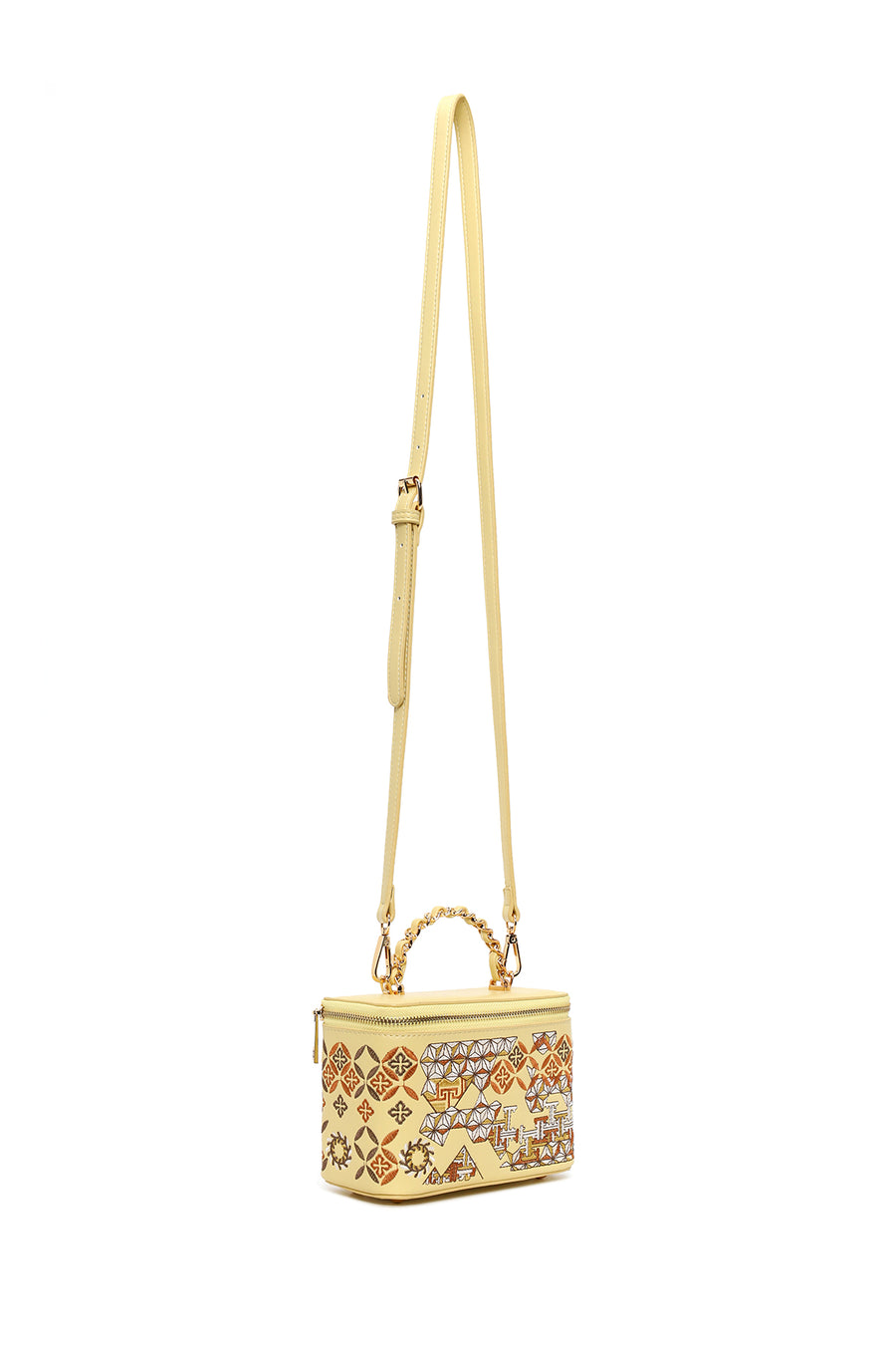 Woman Yellow Long Strap Printed Mini Arm Bag