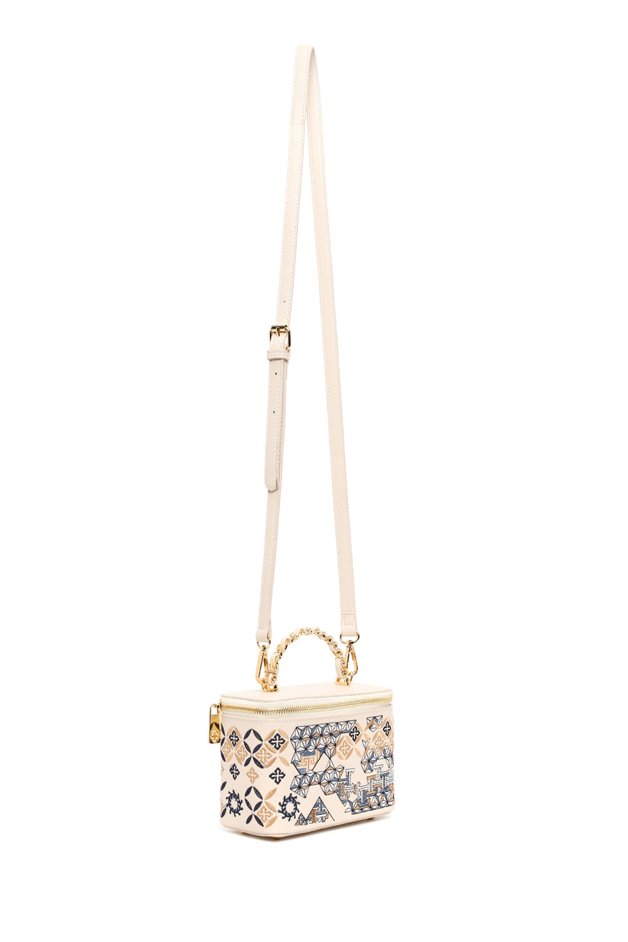 Woman Cream Long Strap Printed Mini Shoulder Bag