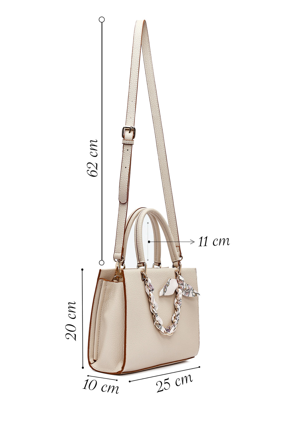 Woman Cream Long-Strap Accessorized Shoulder Bag