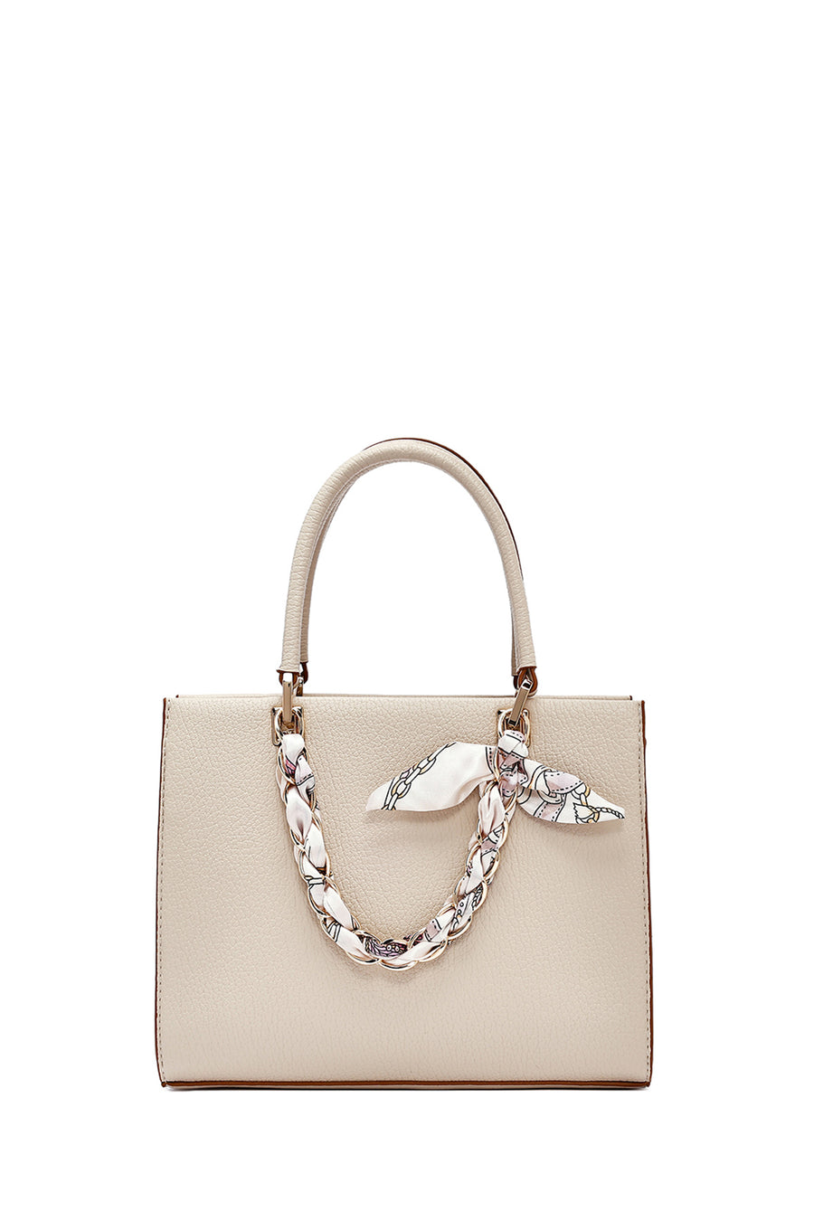 Woman Cream Long-Strap Accessorized Shoulder Bag