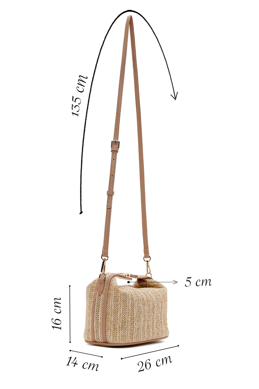 Woman Beige Long-Strap Woven Straw Mini Shoulder Bag
