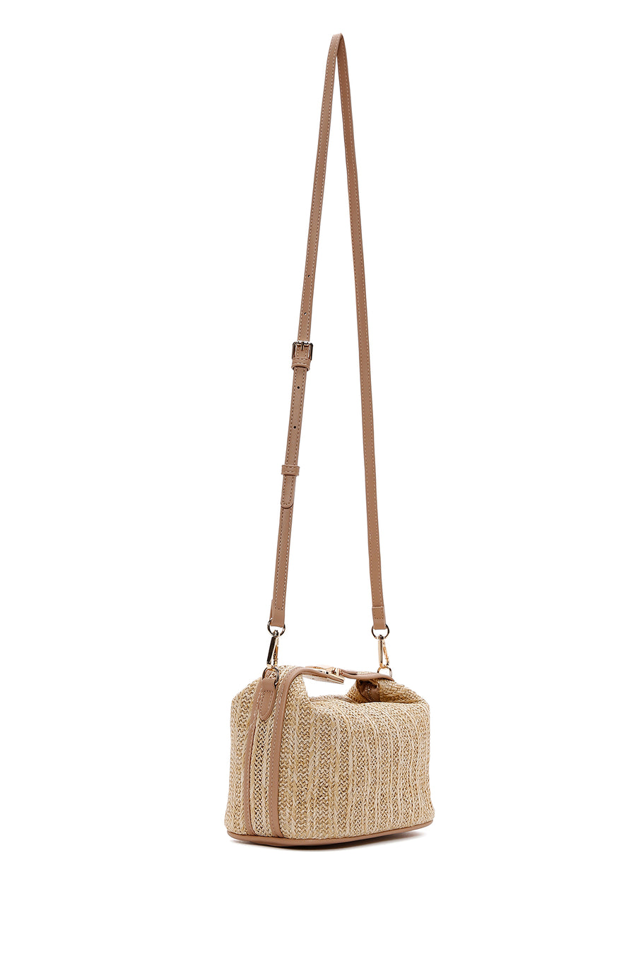 Woman Beige Long-Strap Woven Straw Mini Shoulder Bag