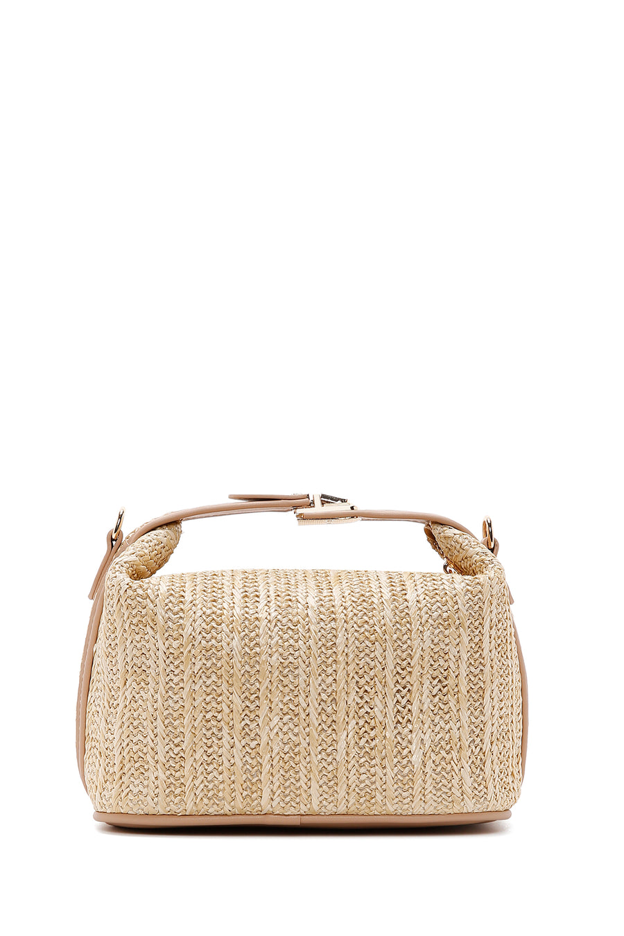 Woman Beige Long-Strap Woven Straw Mini Shoulder Bag