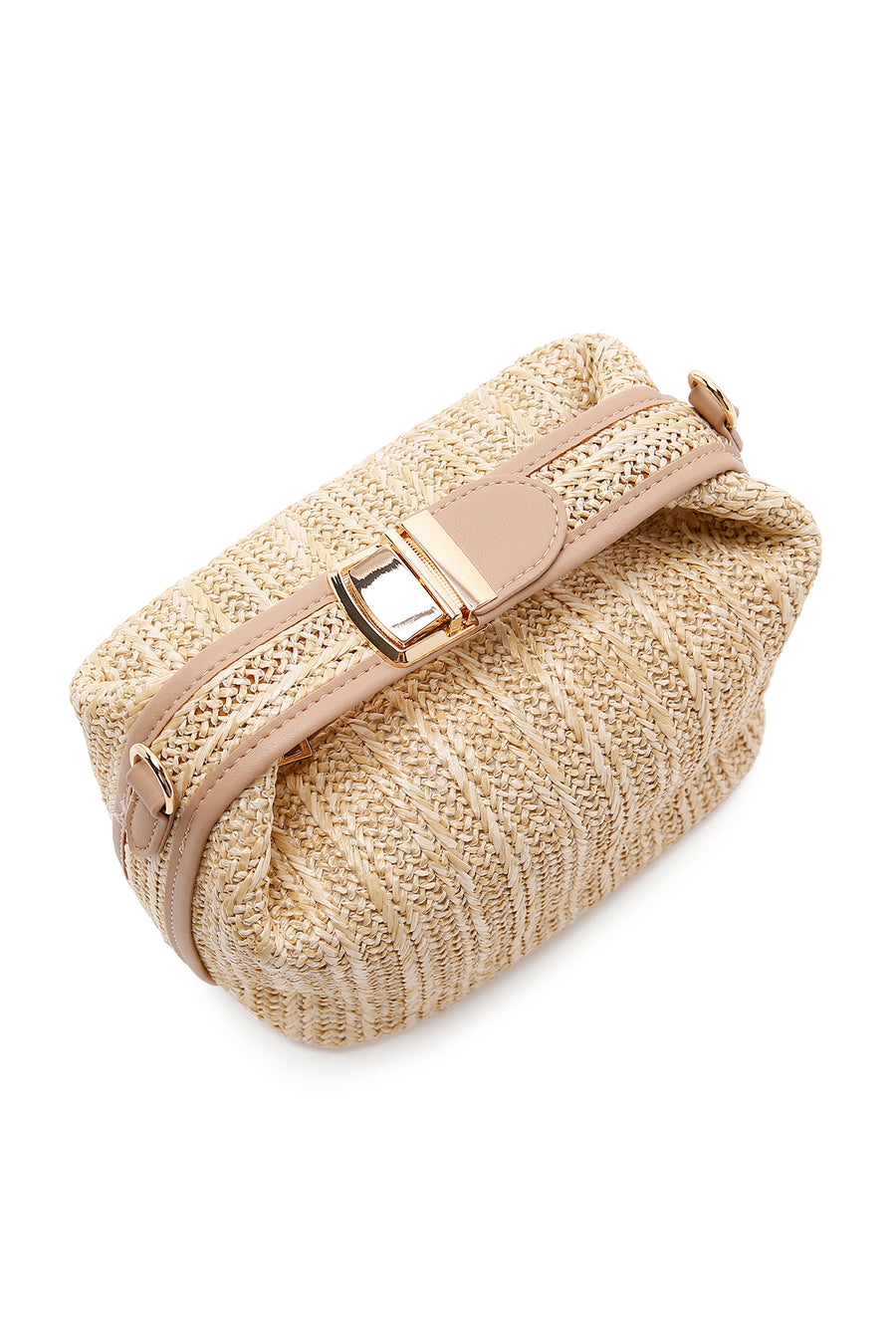 Woman Beige Long-Strap Woven Straw Mini Shoulder Bag