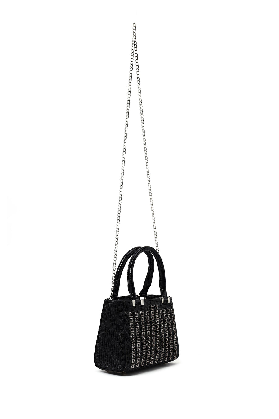 Women's Black Long Chain Strap Embellished Mini Evening Bag