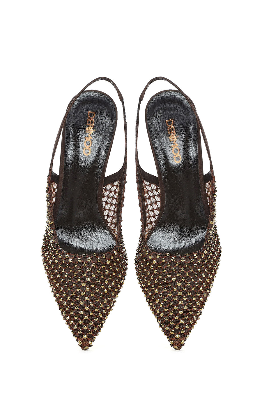 Women's Bronze Stone Open Back Thin Heeled Leather Shoes