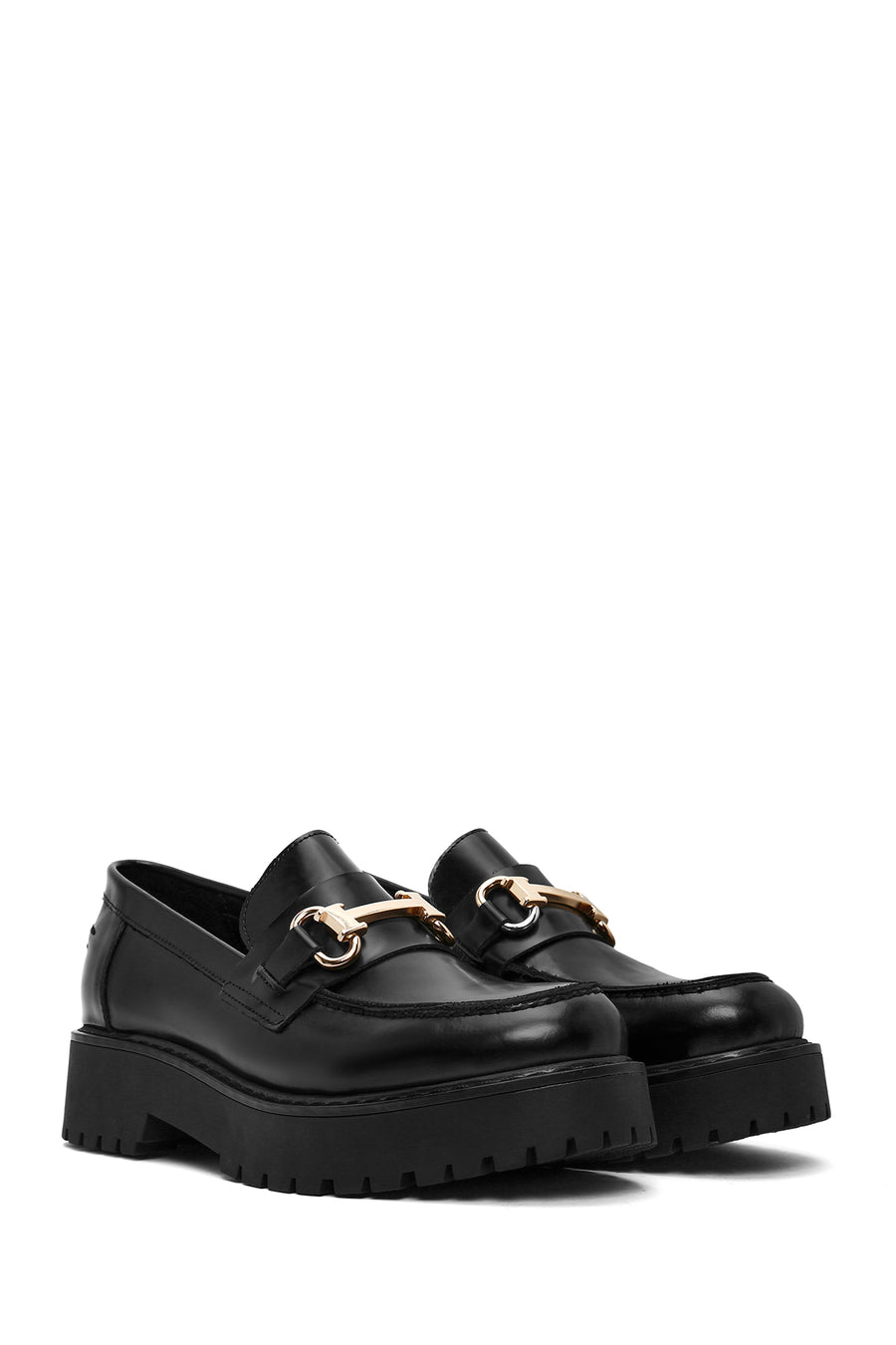 Women's Black Buckle Detailed Thick-Soled Leather Masculine Loafer