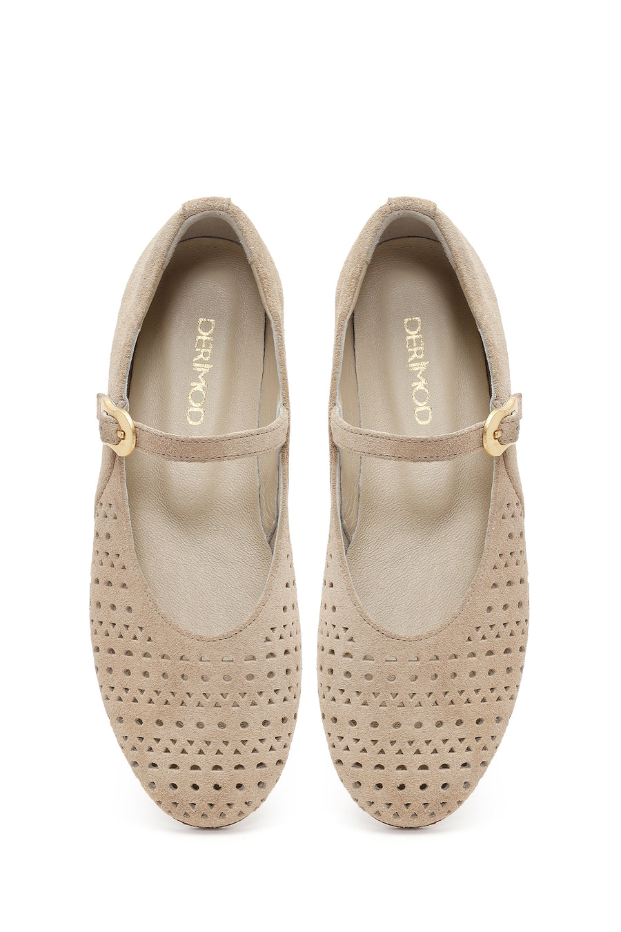 Women's Beige Buckle Suede Leather Ballet Flats